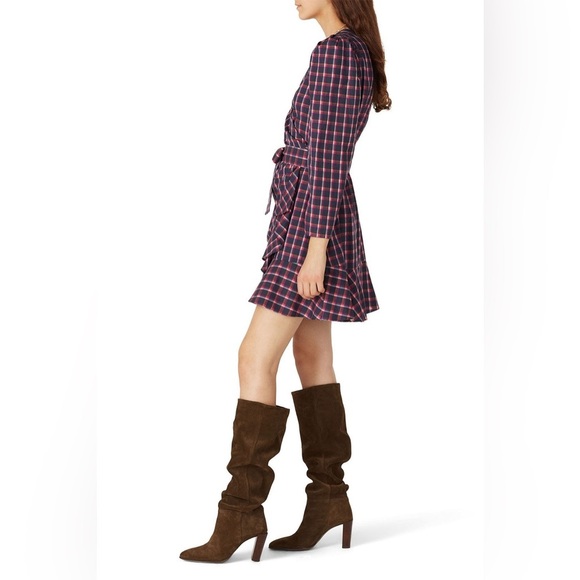 Tanya Taylor Lexi Wrap Dress in Pink Navy Plaid Long Sleeve 8 - Picture 3 of 16